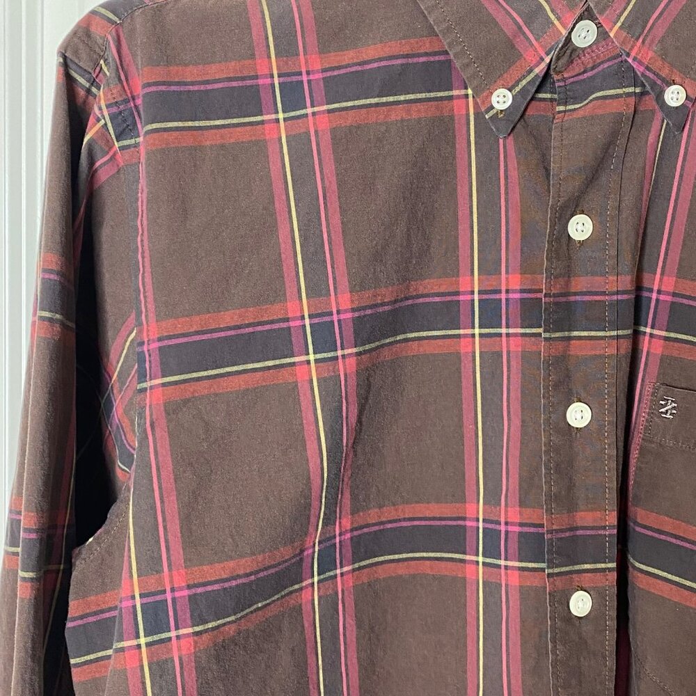IZOD Men's M Plaid Button Down Shirt Brown Pink Yellow Navy Long Sleeve Cotton - Picture 7 of 7